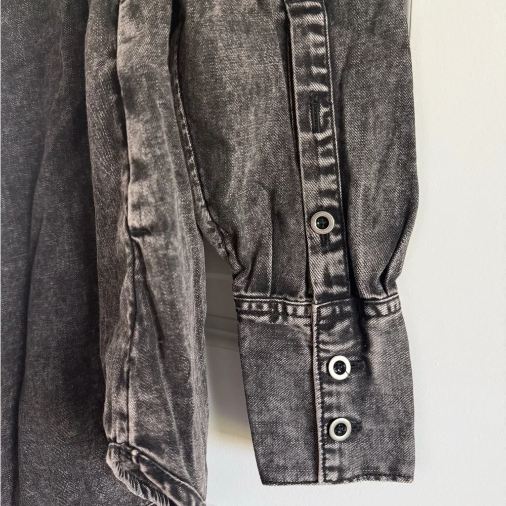 Free People Washed Black Denim Button-Up Top | Boho Oversized Denim Shirt